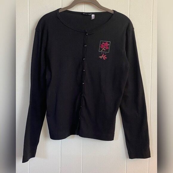 Trilogy Sweater Women’s Small Black Cotton Cardigan Red Embroidered Flower - Picture 1 of 5